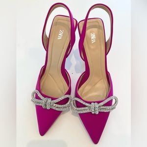 Pink Satin Heels w/ Rhinestone Bow